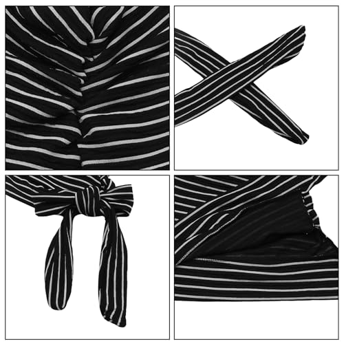 Suillty Women's Pre-Tied Muslim Hijab Bonnet Pleated Ruffle Turban Chemo Cap Underscarf Islamic Headwear - color: Black Striped