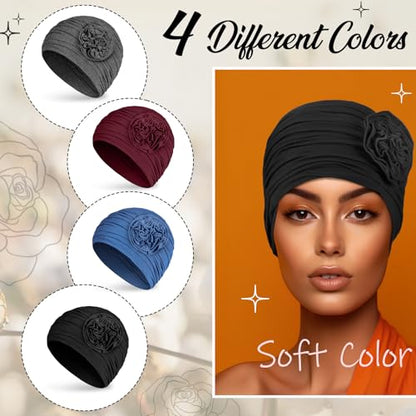 JenPen 4 Pcs Cotton Chemo Headwear for Women Turban Soft Cancer Head Scarf Hats Beanie Elastic Hair Wraps - color: Black, Gray, Wine Red, Blue