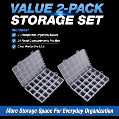 2 Pcs 24 Grid Plastic Organizer Boxes Small Parts Organizer Bead Storage Containers Jewelry Findings Organizers Box Earring Screw Holder Transparent Storage Case with Fixed Dividers