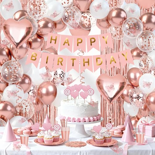 Rose Gold Butterfly Birthday Decorations Kit, All in One Pink Happy Birthday Banner Fringe Curtain Heart Foil Balloons Tableware Set, Girls Women Birthday Party Supplies Backdrop Decor - style: Sweet Rose Gold