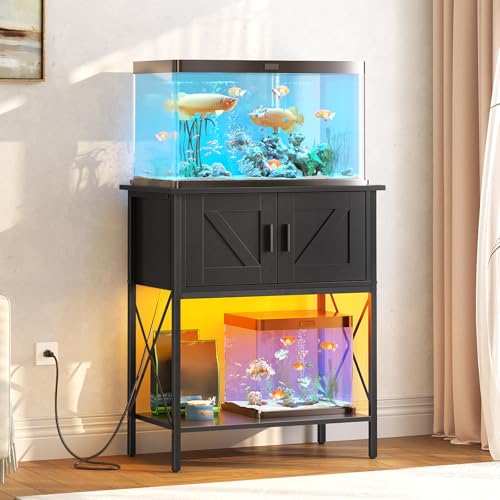 HOOBRO 20 Gallon Fish Tank Stand with Power Outlets and LED Light, Metal Frame Aquarium Stand, Reptile, Turtle Tank Stand with Cabinet Storage, 27.6'' L x 15.7'' W, 300 LBS Capacity, Black BB40UDFT01 - color: Black