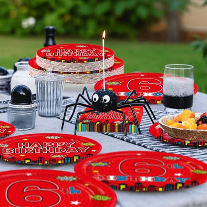 Greencian 96Pcs Red 6th Birthday Party Decorations, Serve 24 | 6th Birthday Plates and Napkins Red Disposable Tableware for Boys 6 Year Old Birthday Party Supplies - style: Spider Birthday Kit