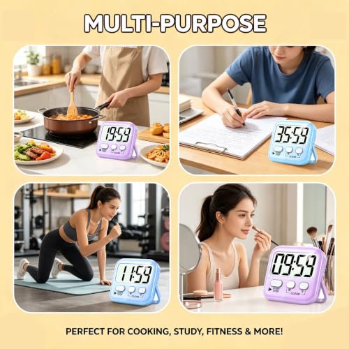 2 Pack Digital Timer for Kids Classroom Kitchen Timers for Cooking | w/ Battery, Easy to View, Alarm, Mute Mode, Count Down/Up, Magnetic, Kickstand, Hanging, Classroom Timer for Teacher Supplies - color: 2 * Sky Blue + Lavender Purple