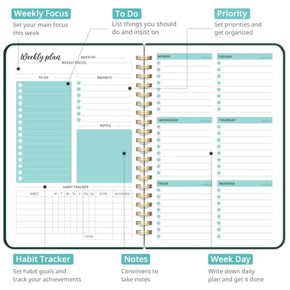 Taja Undated Weekly Planner, Weekly To Do List Notebook with Goal & Habit Tracker Organizer, A5 Weekly Planner Notebook with Spiral Binding, 6.1" x 8.2" - Dark Green - color: n.Dark Green
