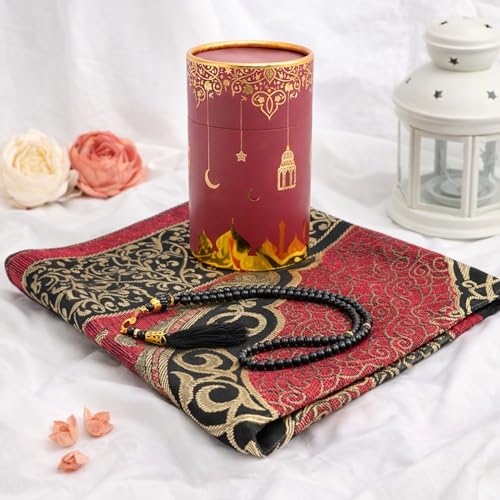 Modefa Islamic Gifts Prayer Mat | Thin Woven Praying Mat Muslim Prayer Rug | Muslim Gifts for Men Ramadan Gifts with Tesbih Prayer Beads | Ottoman Rug with Cylinder Gift Box Set Ramadan (Red) - color: Red