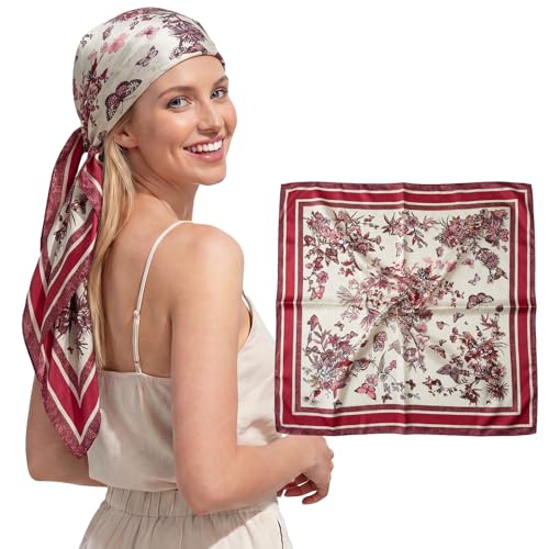 RIIQIICHY Head Scarf for Women Like Silk Satin Scarf for Hair Wrapping at Night Bandana Square Scarf for Sleeping 35 Inch - color: Burgundy Botanical