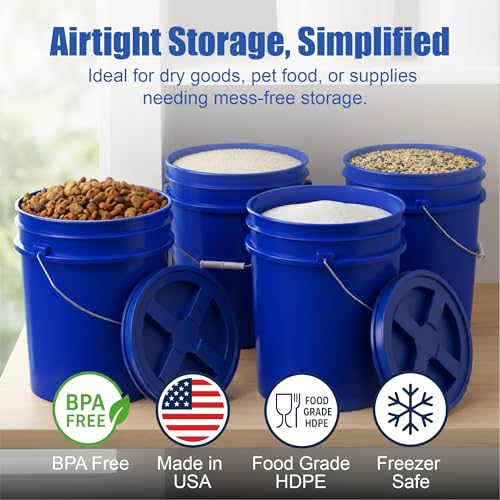 5 Gallon Bucket - Food Grade w/Lid BPA-Free, Blue/Blue, 1 | Airtight Gamma Seal Screw-On Lid, Heavy-Duty 90 Mil HDPE Plastic, Food Safe and Durable Container, Bulk Storage, Made in USA - color: Blue/Blue, size: 1 Pack