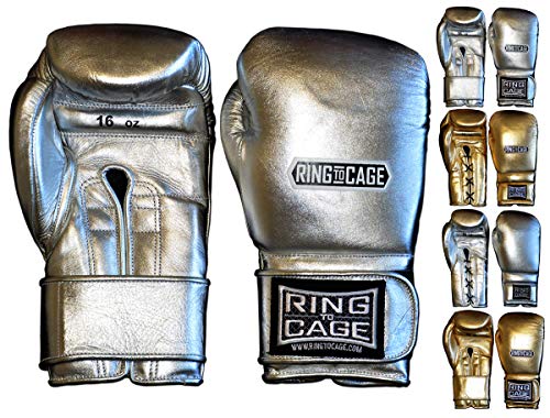 Ring to Cage Metallic Gold, Silver Japanese Style Training Gloves 2.0 - Hook&Loop or Lace-Up - color: Silver, size: 16oz Hook&Loop