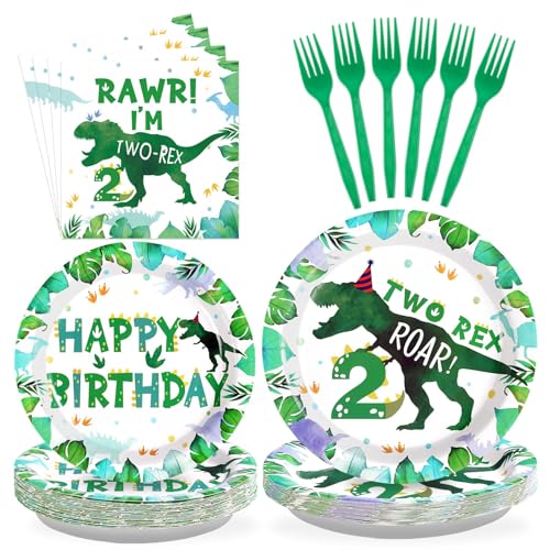 Grencian 96PCS Dinosaur 2nd Happy Birthday Party Supplies, Serves 24 - style: Dinosaur Back 2nd Birthday Sets