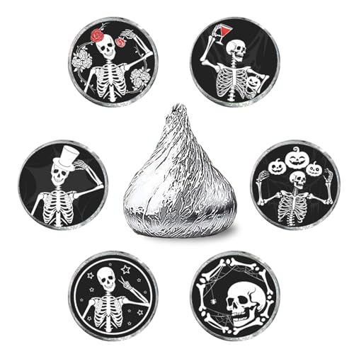 Black Skull Kiss Sticker Labels - Skull Skeleton Round Candy Sticker Favors - Happy Halloween Party Labels Fit Chocolate Candy (Set of 150) - color: Black Skull