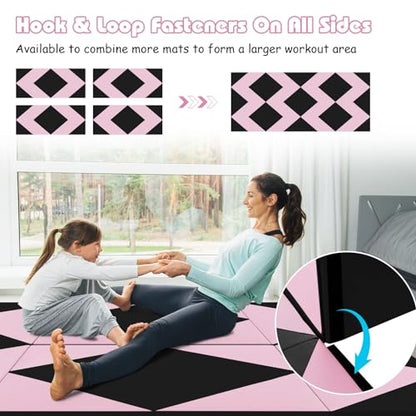 Goplus Gymnastics Mat, Folding Tumbling Mat with Carry Handles, Hook & Loop Fasteners, 4 Panels for Fitness Exercise Yoga Stretching Aerobics Workouts, Thick Gym Mats for Home - color: Pink&Black