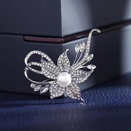 Crystal Pearl Flower Brooches Pins Fashion Beautiful Created Rhinestone Floral Brooch Good Idea for Party Dance Wedding Banquet for Elegant Women Girl - color: Silver Flower