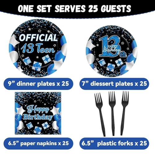 100 Pcs 13th Birthday Decorations for Boys Official Teen 13th Supplies Plates Napkins Forks Set Disposable Blue 13th Birthday Tableware Paper Plates Dinnerware for Kids Teenager Favors Serve 25 - style: 13th Birthday