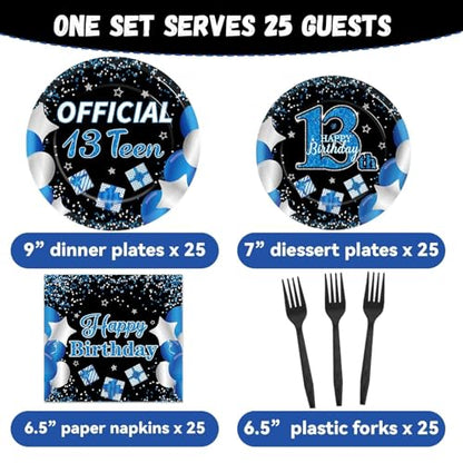100 Pcs 13th Birthday Decorations for Boys Official Teen 13th Supplies Plates Napkins Forks Set Disposable Blue 13th Birthday Tableware Paper Plates Dinnerware for Kids Teenager Favors Serve 25 - style: 13th Birthday