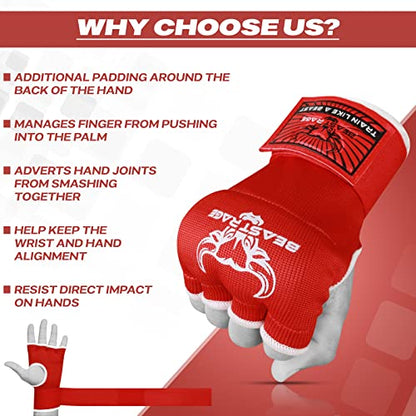 BEAST RAGE Inner Gloves with Hand Wraps Quick Wrap Long 36" Wrist Support MMA Muay Thai Bandages Punching Martial Arts Training Men Women Kickboxing Bandages Under Bag Gloves - color: Red Rage, size: XL (Adult)