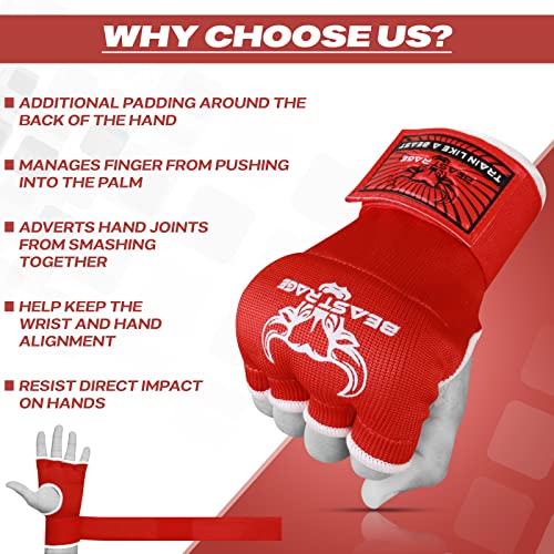 BEAST RAGE Inner Gloves with Hand Wraps Quick Wrap Long 36" Wrist Support MMA Muay Thai Bandages Punching Martial Arts Training Men Women Kickboxing Bandages Under Bag Gloves - color: Red Rage, size: XL (Adult)