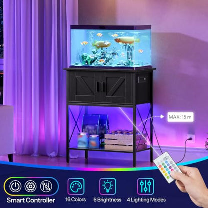 HOOBRO 20 Gallon Fish Tank Stand with Power Outlets and LED Light, Metal Frame Aquarium Stand, Reptile, Turtle Tank Stand with Cabinet Storage, 27.6'' L x 15.7'' W, 300 LBS Capacity, Black BB40UDFT01 - color: Black