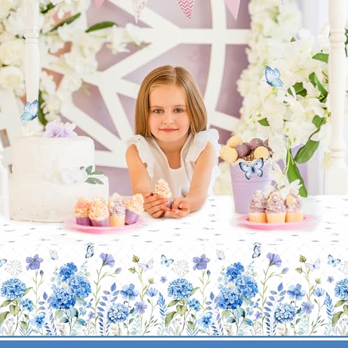1Pc Blue Hydrangeas Flowers Party Plastic Tablecloth 54 x 87 Inch Long Table Cover, Spring Butterfly Party Tablecover for Floral Theme Kids Baby Shower Birthday Dinner Picnic Kitchen Event - color: Blue Hydrangeas