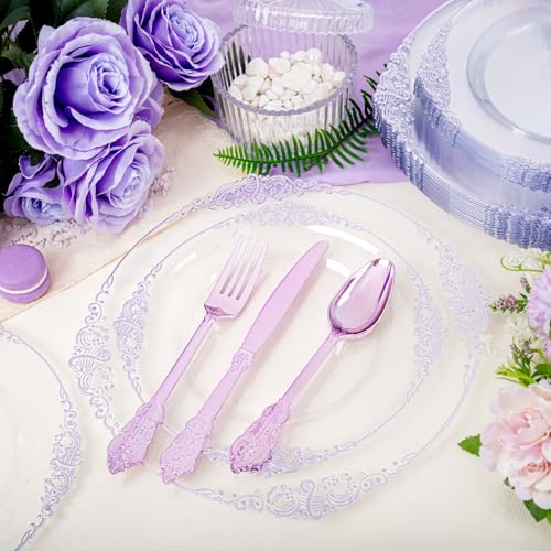 Hioasis 175pcs Clear and Purple Plates - Party Plates for 25 Guest, Include 50 Heavy-duty Plates(20% Thicker Than Standard), 25 Pre Rolled Plastic Silverware Set, 25 Cups for Graduation - color: Clear and Purple