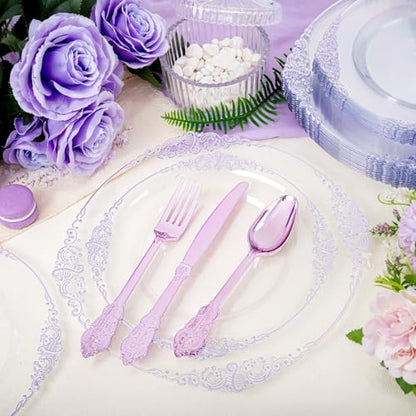 Hioasis 175pcs Clear and Purple Plates - Party Plates for 25 Guest, Include 50 Heavy-duty Plates(20% Thicker Than Standard), 25 Pre Rolled Plastic Silverware Set, 25 Cups for Graduation - color: Clear and Purple