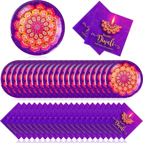 Zhehao 120 Pcs Diwali Disposable Paper Plates and Napkins Bulk