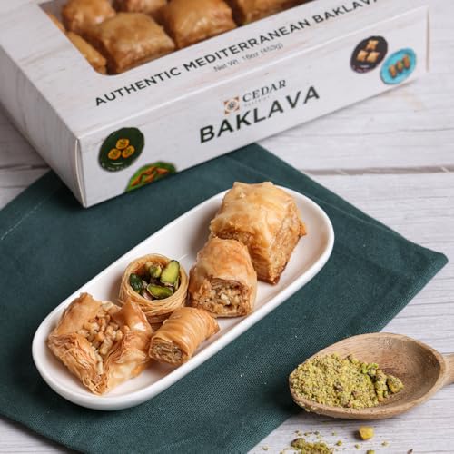 Cedar Pastries 19 Piece Baklava Assortment – Mediterranean Dessert Gift Box – Pistachio, Cashew & Walnut Phyllo Pastries – Gourmet Middle Eastern Sweets – Kosher & Halal Certified - size: 16 Ounce (Pack of 1)