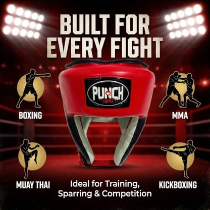 Punch Sports Boxing Headgear with Cheek Protection – Synthetic Leather Sparring Head Guard with Multi-Layer Foam Padding for MMA, Muay Thai & Kickboxing - size: Large