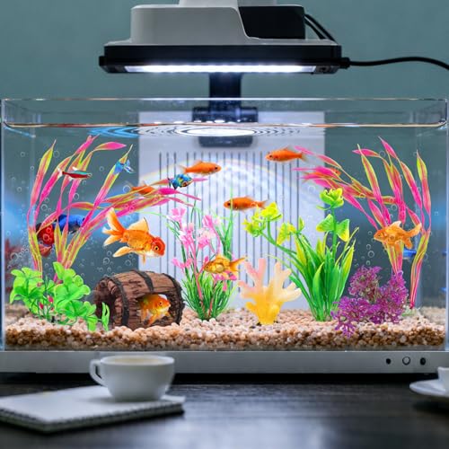QUOZUO Small Fish Broken Barrel Decor Fish Tank Decorations Aquarium Accessories Plants Plastic Resin Barrel and Coral Hideout Ornaments Aquarium Decor Set 8 Pieces