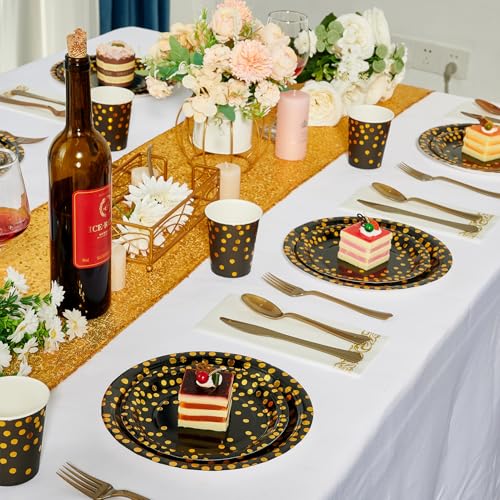 Black and Gold Party Supplies - 350 PCS Disposable Dinnerware Set - Black Paper Plates Napkins Cups, Gold Plastic Forks Knives Spoon for Halloween, Graduation, Birthday, Cocktail Party - color: Black & Gold