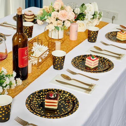 Black and Gold Party Supplies - 350 PCS Disposable Dinnerware Set - Black Paper Plates Napkins Cups, Gold Plastic Forks Knives Spoon for Halloween, Graduation, Birthday, Cocktail Party - color: Black & Gold