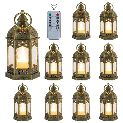 Hewory 10PCS Gold Mini Lanterns for Party Decoration, Remote LED Candles
