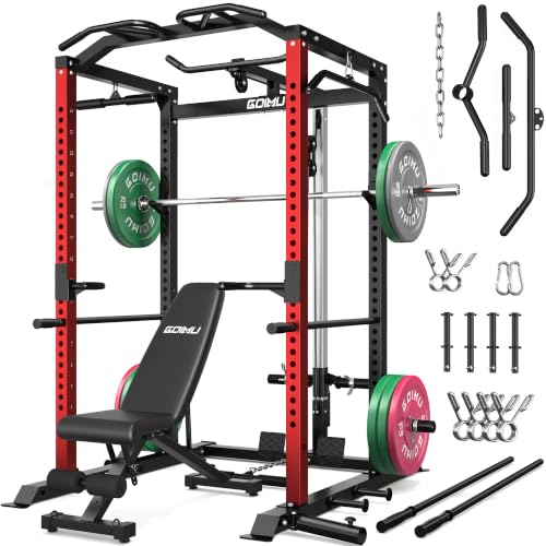 C1-V4 Power Cage, 2000LBS Squat Rack with LAT Pulldown, Multi-Function Weight Cage Strength Training Machine, Workout Cage with More Attachments for Home Gym Garage - style: 220LBS Colorful RD Package