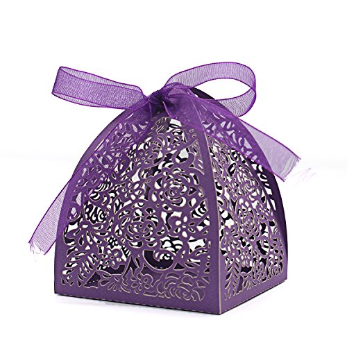 KPOSIYA Pack of 70 Laser Cut Rose Candy Boxes, Favor Boxes 2.5"x 2.5"x 3.1", Gift Boxes Bridal Shower Anniverary Birthday Party Wedding Favor (Purple) - color: Purple, size: 1 Count (Pack of 70)