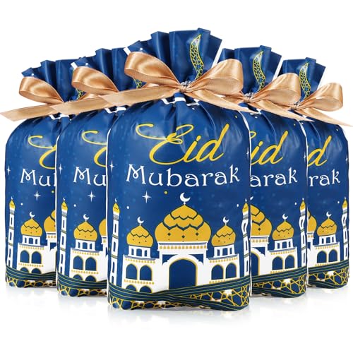 Blulu 50 Pcs Eid Mubarak Gifts Bags Plastic Ramadan Gift Bags Arabesque Moon Bulk Mosque Happy Eid Theme Goodie Pouches for Muslim Mubarak Party Candy Wrapping Supplies Decorations(Blue) - color: Blue