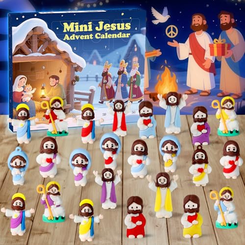 Mini Jesus Advent Calendar 2026,24 Day Christmas Countdown Calendar with 24 Collectible Juses Gifts for Kids Boys Girls Toddlers - color: White Jesus