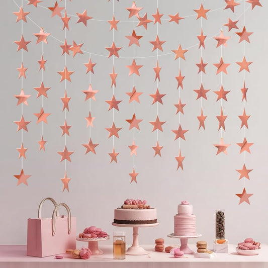 Rose Gold Shining Star Hanging Garland Rose Gold Hanging Sparkling Star Streamer Glitter Bunting Banner Twinkle Backdrop for Wedding Baby Shower Birthday Christmas Decorations 40 Feet - color: Rose Gold