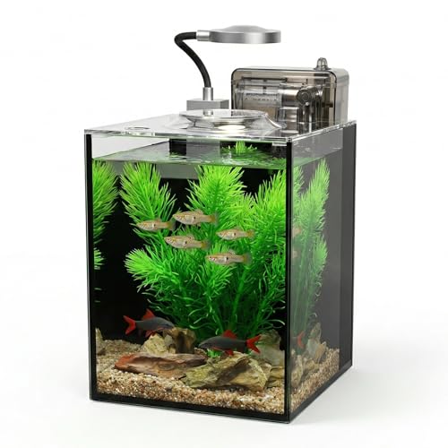 1.2 Gallon Small Aquarium Set Glass Fish Tank,Desktop Small Aquarium Kit for Beginners and Children to Keep Betta Fish, Goldfish, Shrimp, and Aquatic Plants (Black, 1.2 Gallon (Complete Kit)) - size: 1.2 Gallon (Complete Kit)