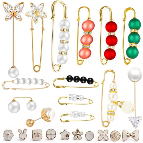 Faux Pearl Brooch Pins with Box, Sweater Shawl Safety Pins with Cover up Buttons Pins Brooches Sets for Women Dresses Pants Clothing - color: 24 PCS