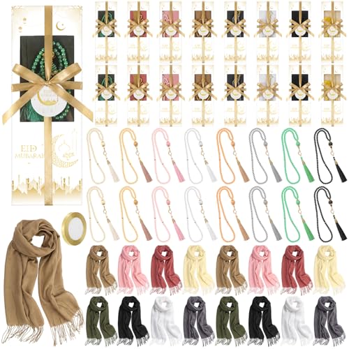 16 Sets Ramadan Mubarak Gifts Set for Women Include Ramadan Scarf Shawl Eid Tasbih Prayer Beads Eid Mubarak Gift Boxes with Tags and Ribbon for Festival Muslim Party Favor Decor