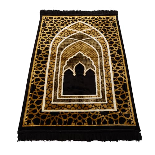 Modefa Turkish Islamic Prayer Rug - Comfortable Muslim Praying Mat for Men & Women - Soft Velvet Janamaz Praying Carpet - Ramadan or Eid Gift - with Kufi Prayer Cap - Plush Saray (Black/Gold)