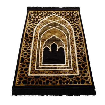 Modefa Turkish Islamic Prayer Rug - Comfortable Muslim Praying Mat for Men & Women - Soft Velvet Janamaz Praying Carpet - Ramadan or Eid Gift - with Kufi Prayer Cap - Plush Saray (Black/Gold)