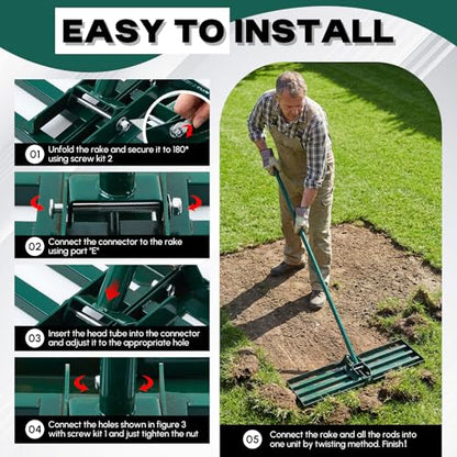 Gisafai Lawn Leveling Rake 30"x10" Heavy Duty Carbon Steel, 72" Adjustable Long Handle, Leveler Tool for Yard Garden Golf Course Soil Dirt Ground Surface Leveling