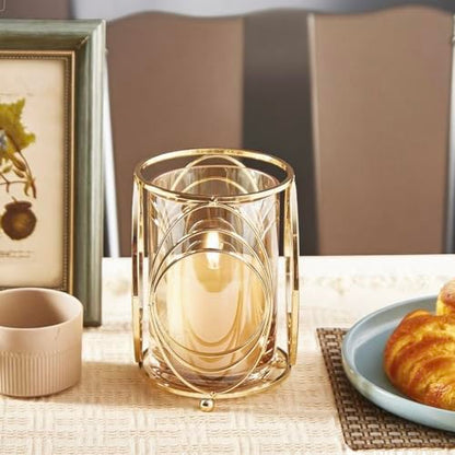 Gold Hurricane Candle Holder with Metal Frame, Windproof Thickened Glass Lid & Geometric Cutouts for Weddings, Parties, Home Decor - size: Large
