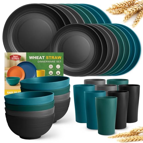 Teivio 32-Piece Plates and Bowls Sets for 8, Plastic Kitche Dinnerware Set - color: Coastal