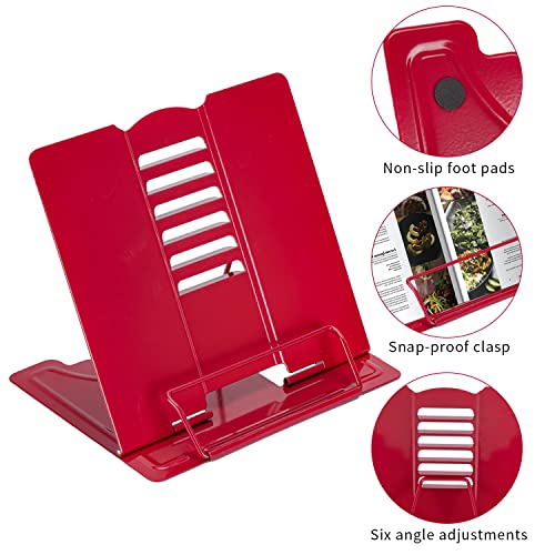 Metal Book Stand Adjustable Book Holder for Reading | Portable & Sturdy For Textbooks Cookbooks Sheet Music Papers Study - color: Full Red