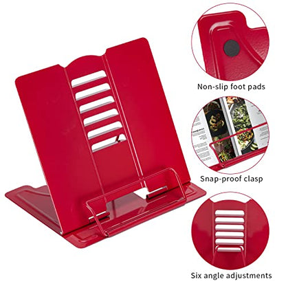 Metal Book Stand Adjustable Book Holder for Reading | Portable & Sturdy For Textbooks Cookbooks Sheet Music Papers Study - color: Full Red