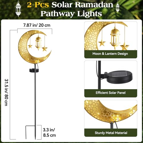 Lewondr 2Pcs Ramadan Solar Lights, Ramadan Decorations Outdoor, Metal Yard Signs LED Eid Decorations Mubarak Star Moon Lantern, Waterproof Solar Garden Stakes Lights for Walkway Lawn Patio - style: Moon and Lantern