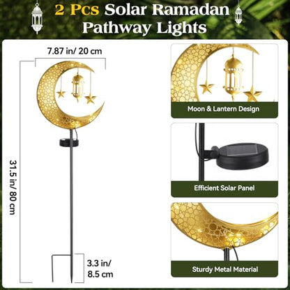 Lewondr 2Pcs Ramadan Solar Lights, Ramadan Decorations Outdoor, Metal Yard Signs LED Eid Decorations Mubarak Star Moon Lantern, Waterproof Solar Garden Stakes Lights for Walkway Lawn Patio - style: Moon and Lantern