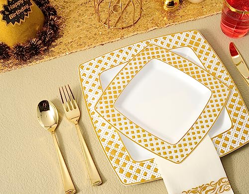 FOCUSLINE 175 Ct Gold Dinnerware Set for 25 Guests - Square Plastic Plates with Diamond Rim, Including 25 Disposable Dinner & Dessert Plates, Napkins, Cups, Cutlery - color: Gold Diamond Rim Plates