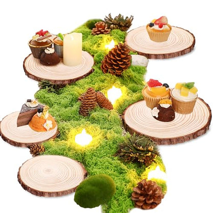 Nuanchu 7 Pack Wood Table Centerpieces with Rustic Wood Slices and Artificial Fake Green Moss for Wooden Fairy Wedding Woodland Table Decor Ideal DIY Crafts (4. 7-5. 5'') - size: 4.7-5.5''